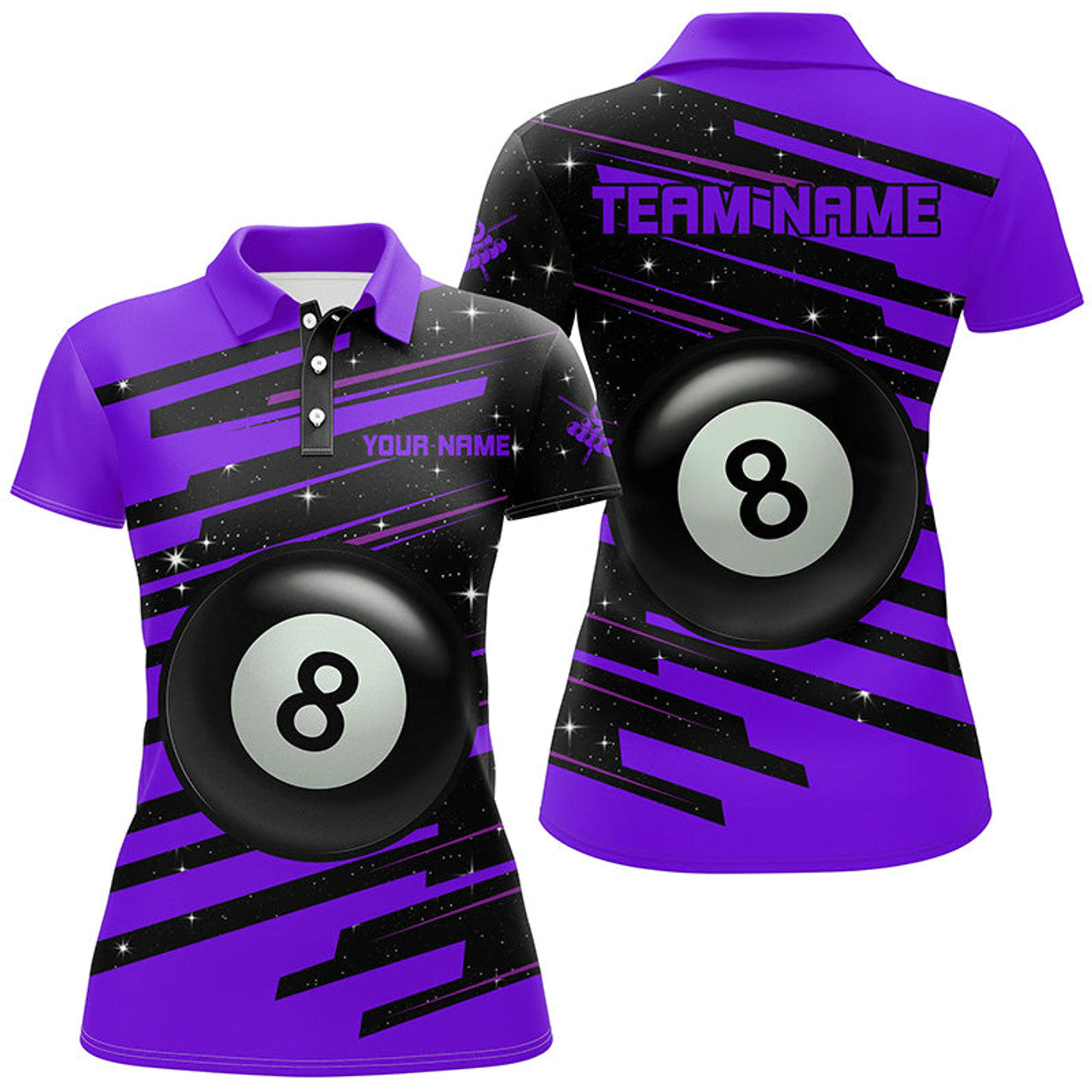 Custom Purple 8 Ball Pool Billiard for League Women's Polo Shirts S-5XL