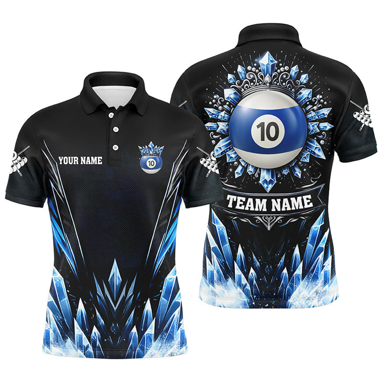 Personalized 3D Blue Icy Funny 10 Ball Pool Crown Billiard Men's Polo Shirt S-5XL
