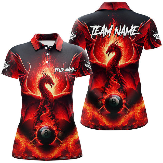 Customized Dragon 8 Ball Pool Fire Flame Billiard League Women's Polo Shirts S-5XL