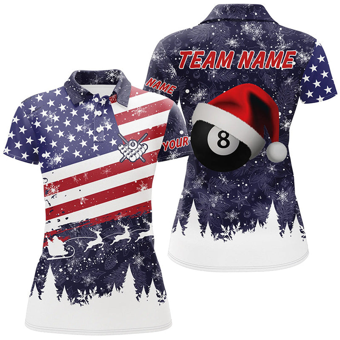 Custom Merry Christmas American Flag Billiard Patriotic Women's Polo Shirts S-5XL