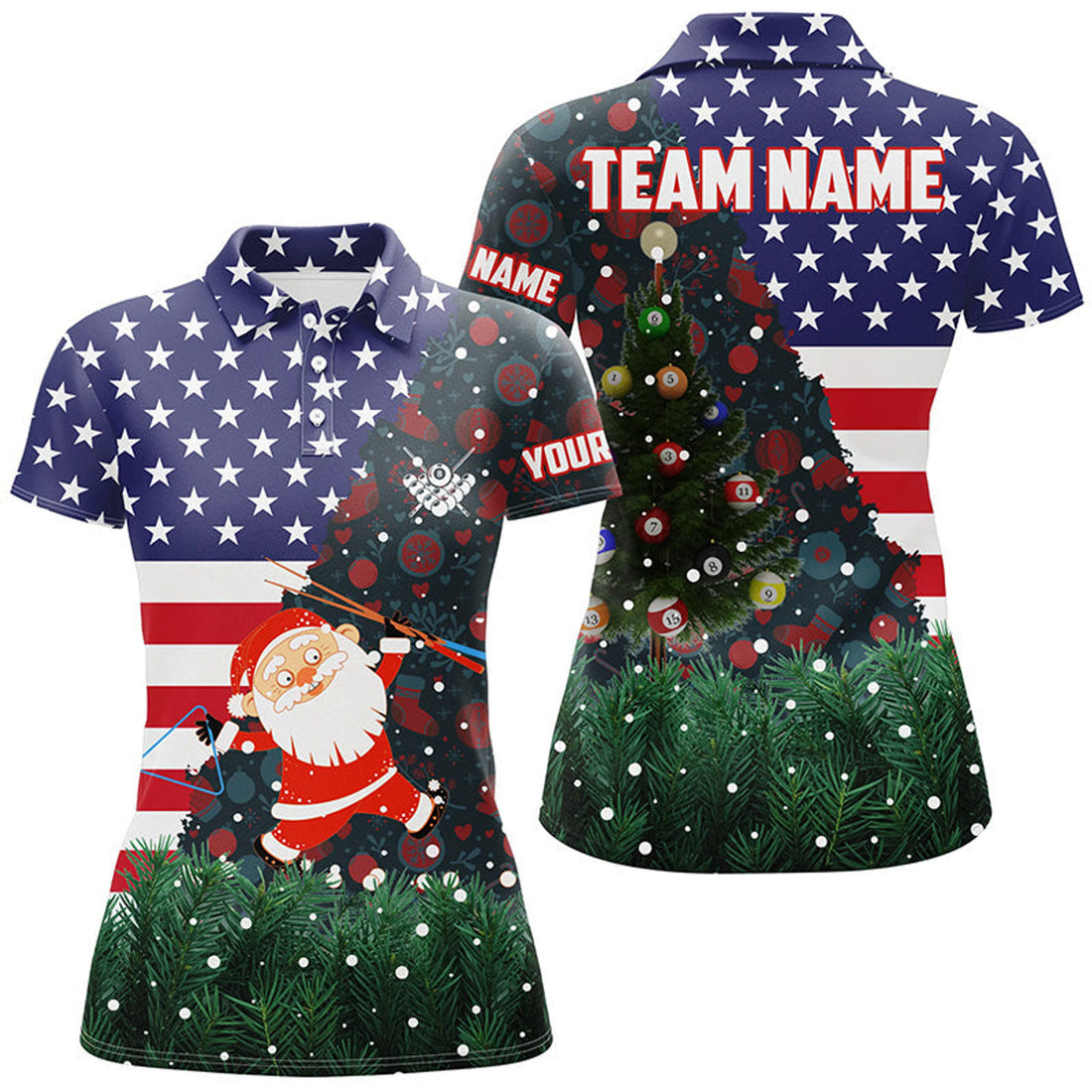 Custom Name Santa American Flag Christmas Billiard Shirt Women's Polo Shirts S-5XL