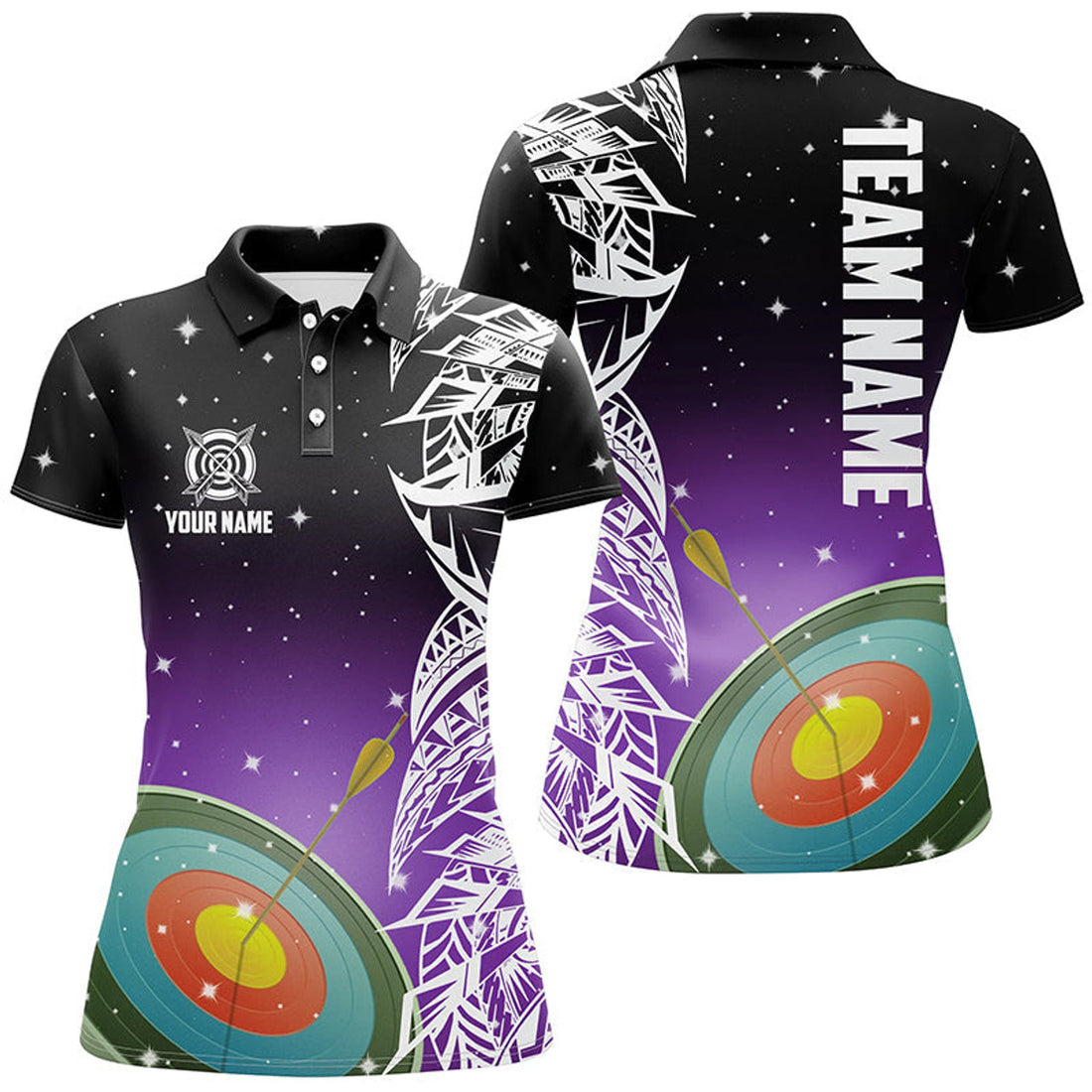 Custom Purple Galaxy Archery Team with 3D Target Design Women's Polo Shirts S-5XL