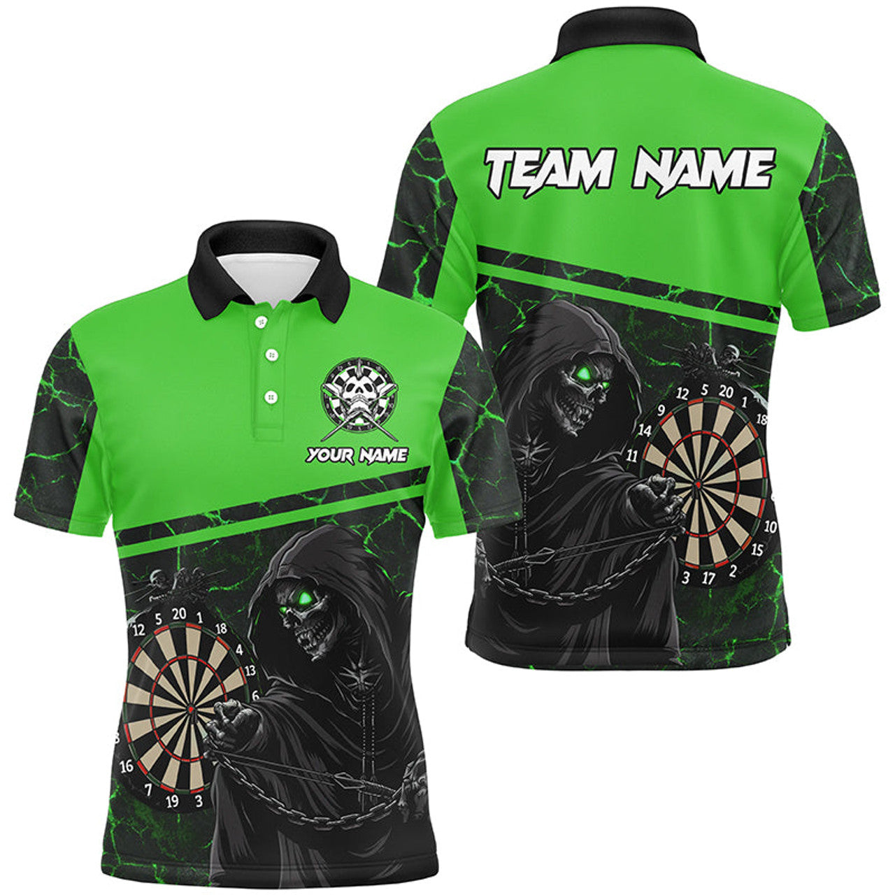 Personalized Green Darts Polo Shirt with Death Skeleton Men's Polo Shirt S-5XL
