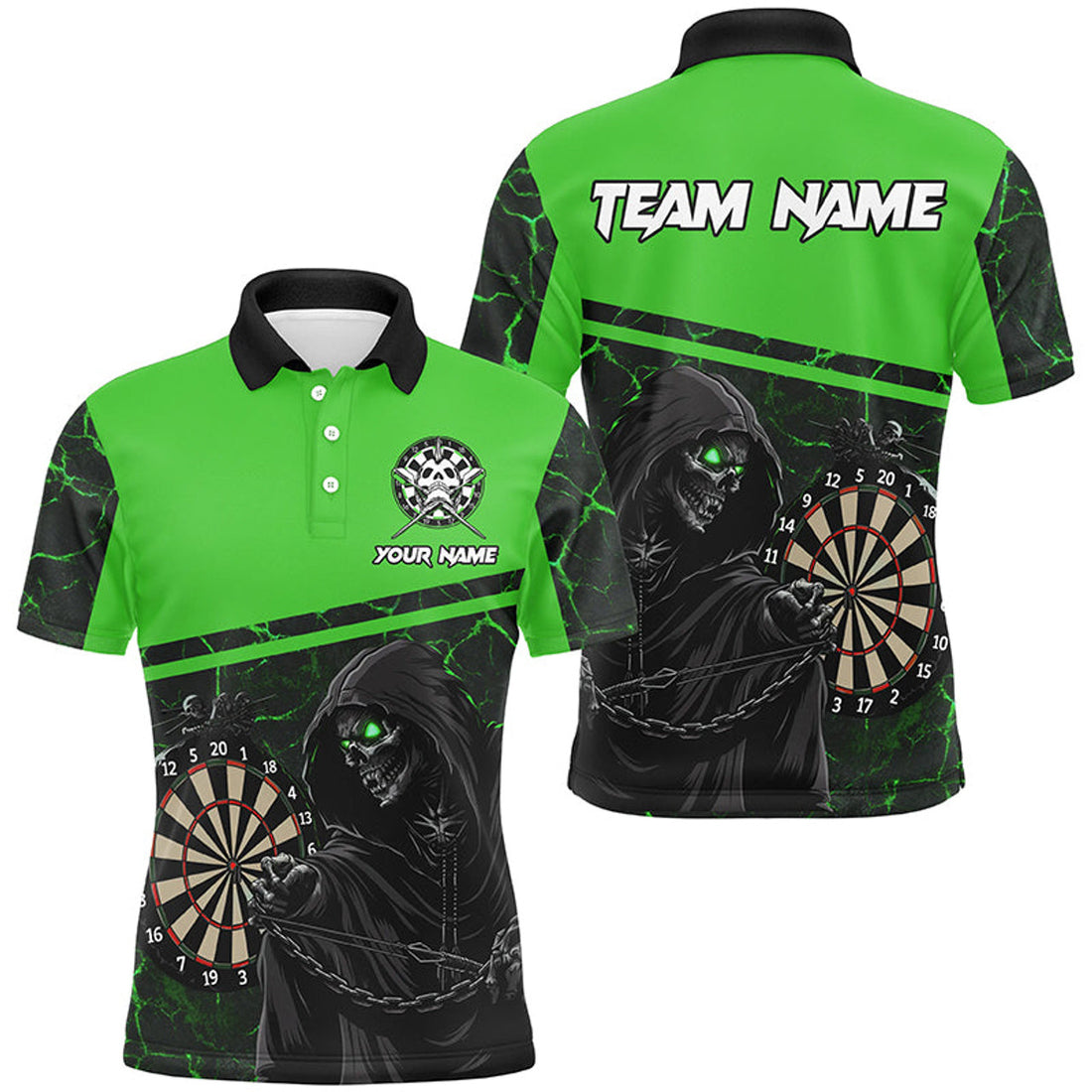 Personalized Green Darts Polo Shirt with Death Skeleton Men's Polo Shirt S-5XL