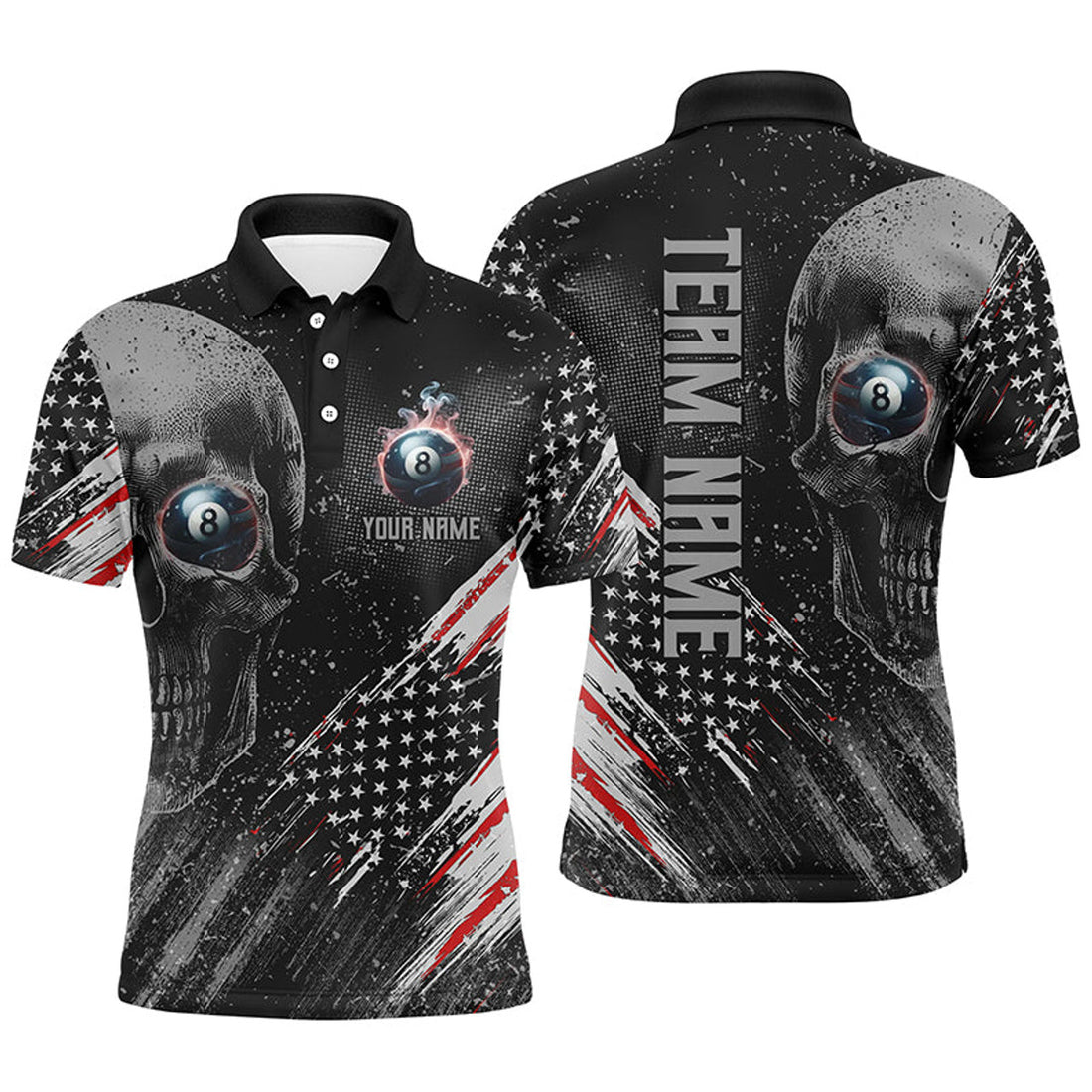 Personalized Billiard Skull 8 Ball Pool Smoke US Flag Polo Shirt Men's S-5XL