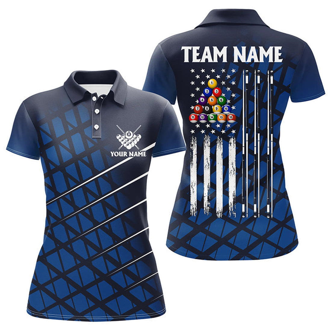 Custom Personalized Blue Grunge American Flag Billiard Women's Polo Shirts S-5XL