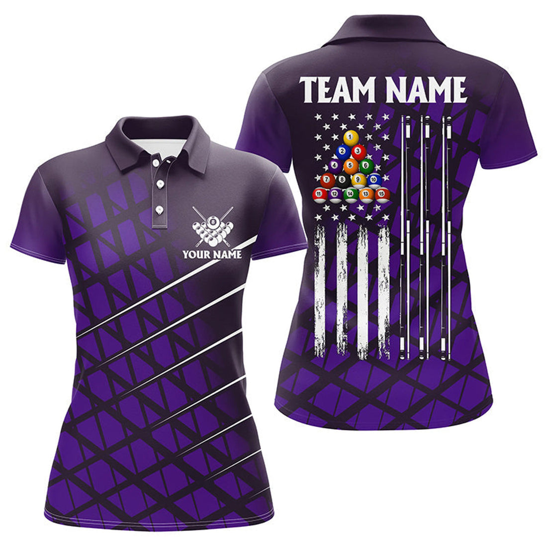 Custom Personalized Purple Grunge American Flag Billiard Women's Polo Shirts S-5XL