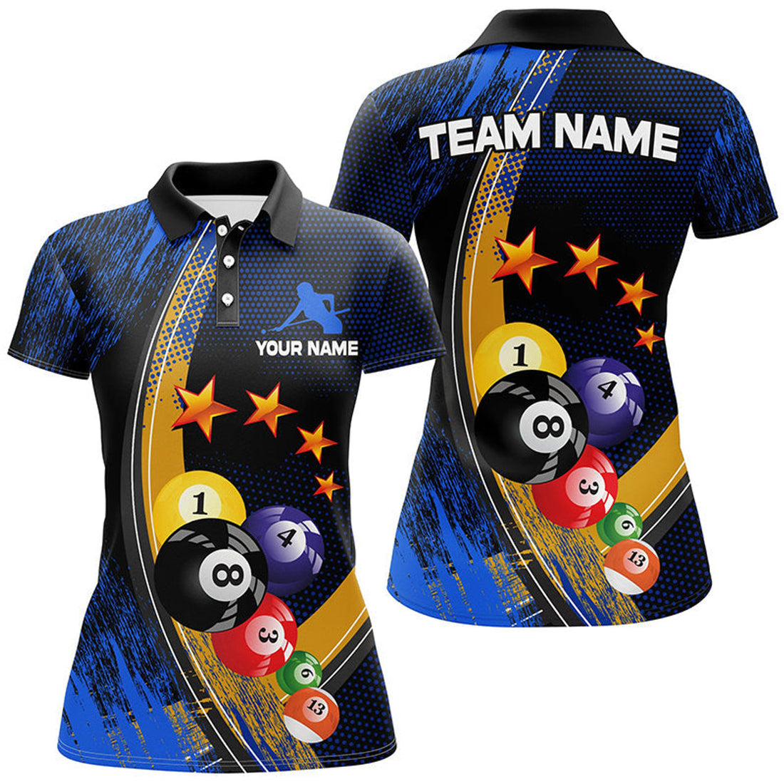 Custom Name Blue 8 Ball Billiard Pool Design Personalized Women's Polo Shirts S-5XL