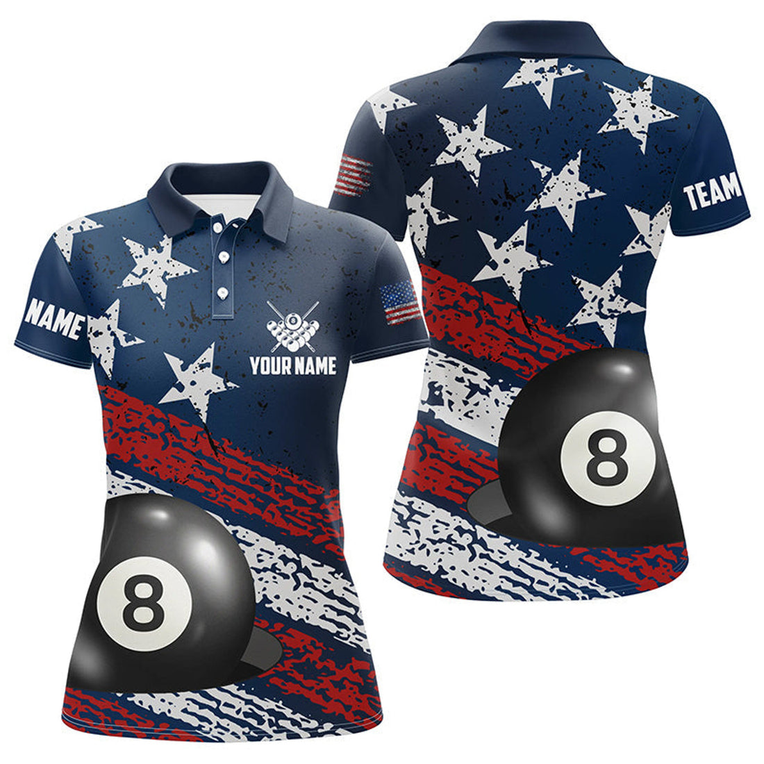 Custom Grunge American Flag 8 Ball Pool Billiard Attire Women's Polo Shirts S-5XL