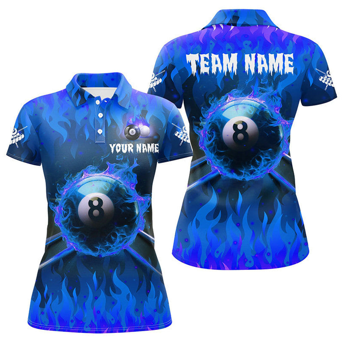 Custom 3D 8 Ball Pool Cue Fire Blue Billiard Design Women's Polo Shirts S-5XL