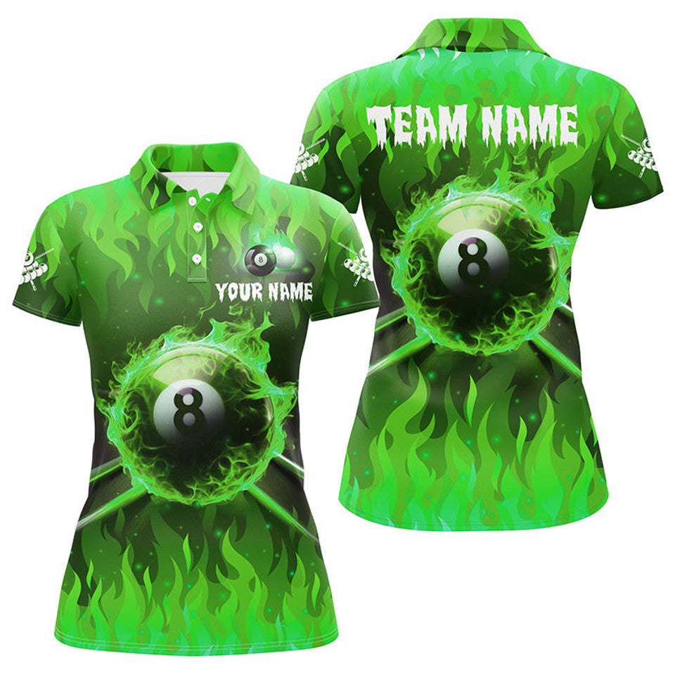 Custom 3D 8 Ball Pool and Cue Fire Green Billiard Design Women's Polo Shirts S-5XL