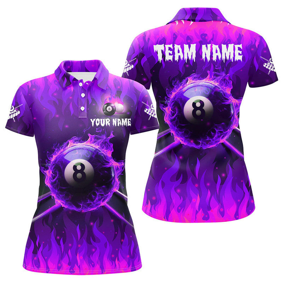 Custom Name 8 Ball Pool Cue Fire Purple Billiard Shirt Women's Polo Shirts S-5XL
