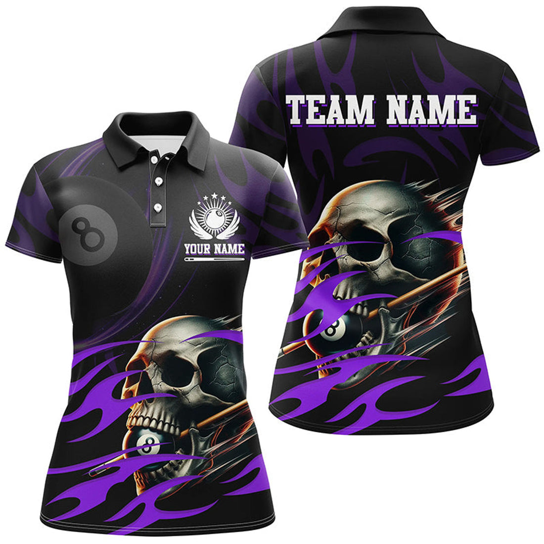 Custom Name Purple Billiard Skull 8 Ball Pool Funny Shirt Women's Polo Shirts S-5XL