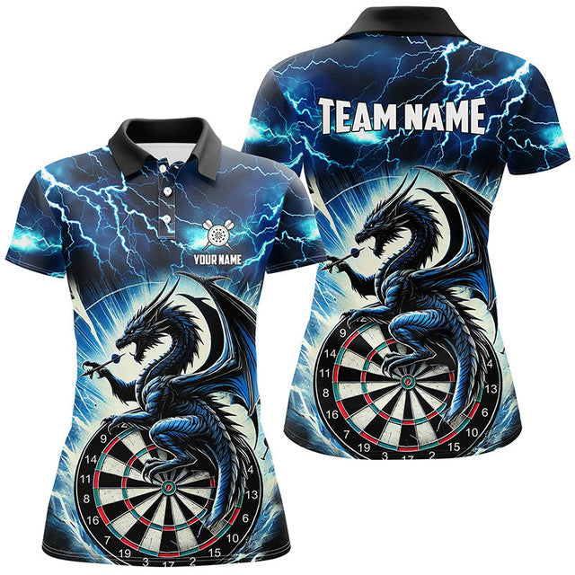 Custom Blue Lightning Thunder Dragon Darts Team League Women's Polo Shirts S-5XL