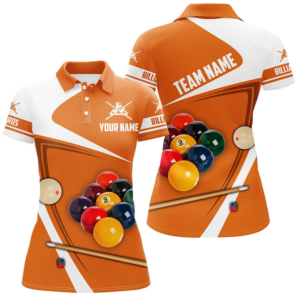 Custom Name Billiard Ball Orange 3D Team Uniform Women's Polo Shirts S-5XL