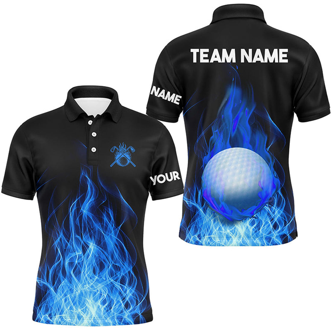 Custom Golf Ball Fire Flame Outfit Blue Best Golf Gifts Men's Polo Shirt S-5XL
