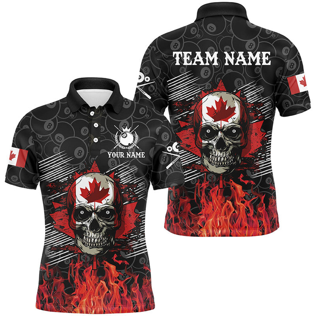 Custom Billiard Retro Skull Canadian Flag Patriotic Men's Polo Shirt S-5XL