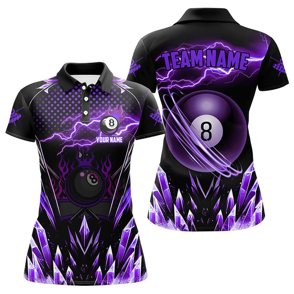 Custom Purple Icy Lightning 8 Ball Pool Billiard Team Women's Polo Shirts S-5XL