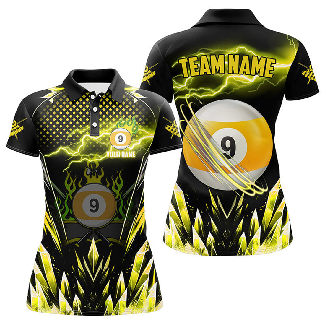 Custom Personalized Yellow Icy Lightning 9 Ball Pool Women's Polo Shirts S-5XL