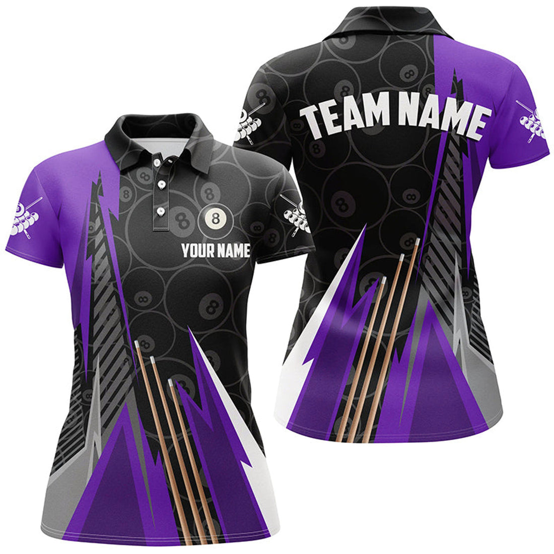 Custom Personalized Black Purple Billiard Team Uniform Women's Polo Shirts S-5XL