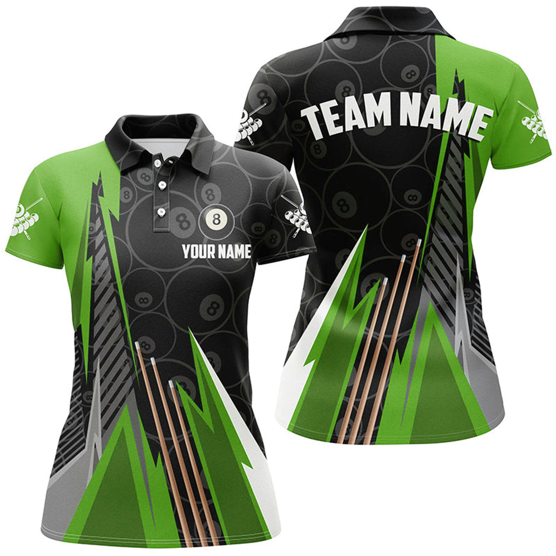 Custom Black Green Billiard Team Uniform Pattern Women's Polo Shirts S-5XL