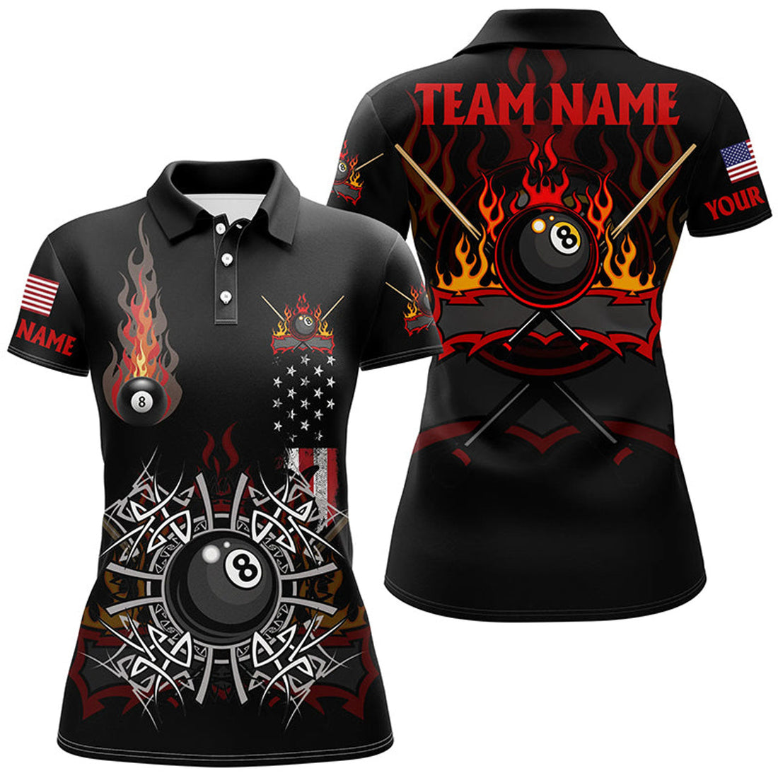 Custom Personalized Billiard Fire American Flag For Women's Polo Shirts S-5XL