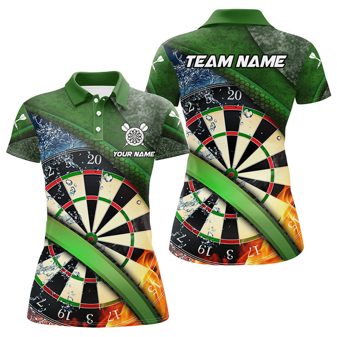 Custom Name Green 3D Dartboard Fire and Water Darts Team Women's Polo Shirts S-5XL