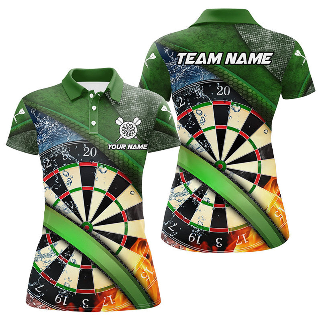 Custom Name Green 3D Dartboard Fire and Water Darts Team Women's Polo Shirts S-5XL