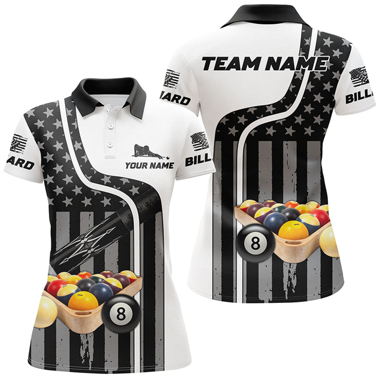 Custom Name American Flag Billiard Balls 3D Gift Idea Women's Polo Shirts S-5XL