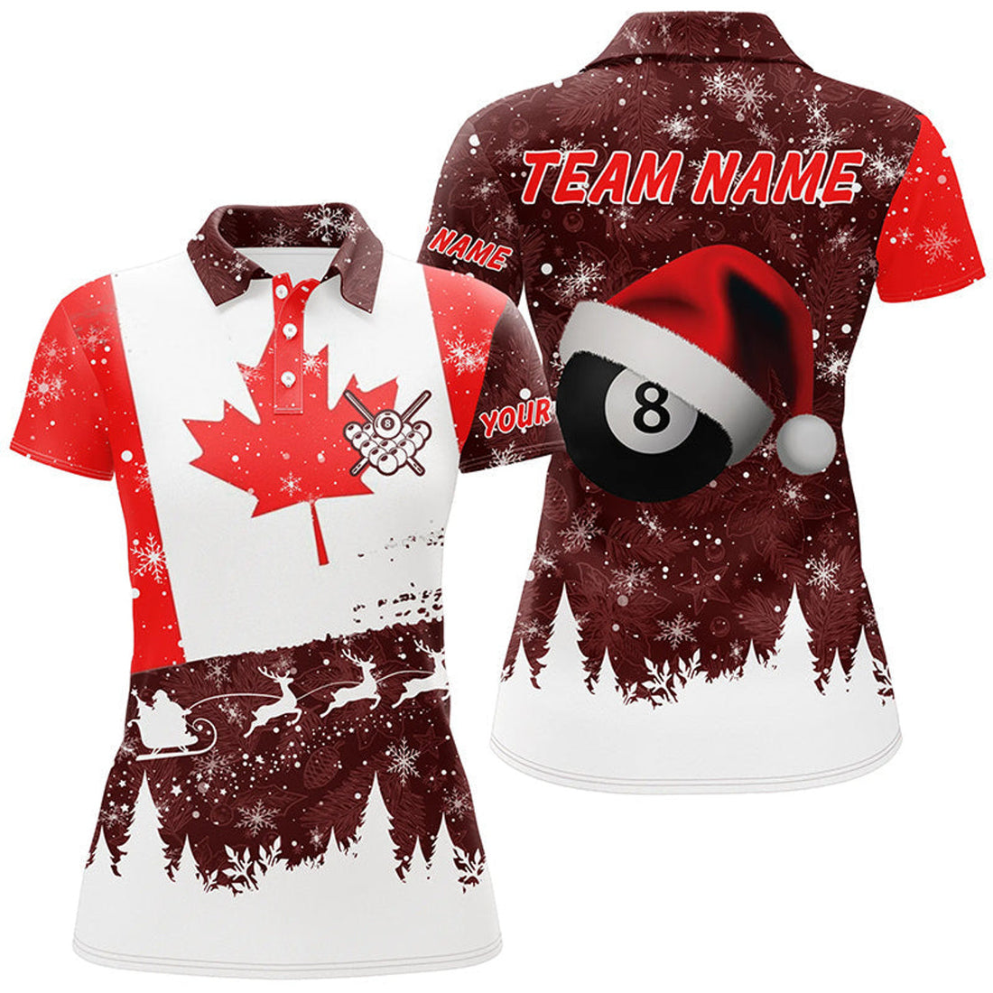 Custom Funny Christmas Canadian Flag Billiard Pool Patriot Women's Polo Shirts S-5XL