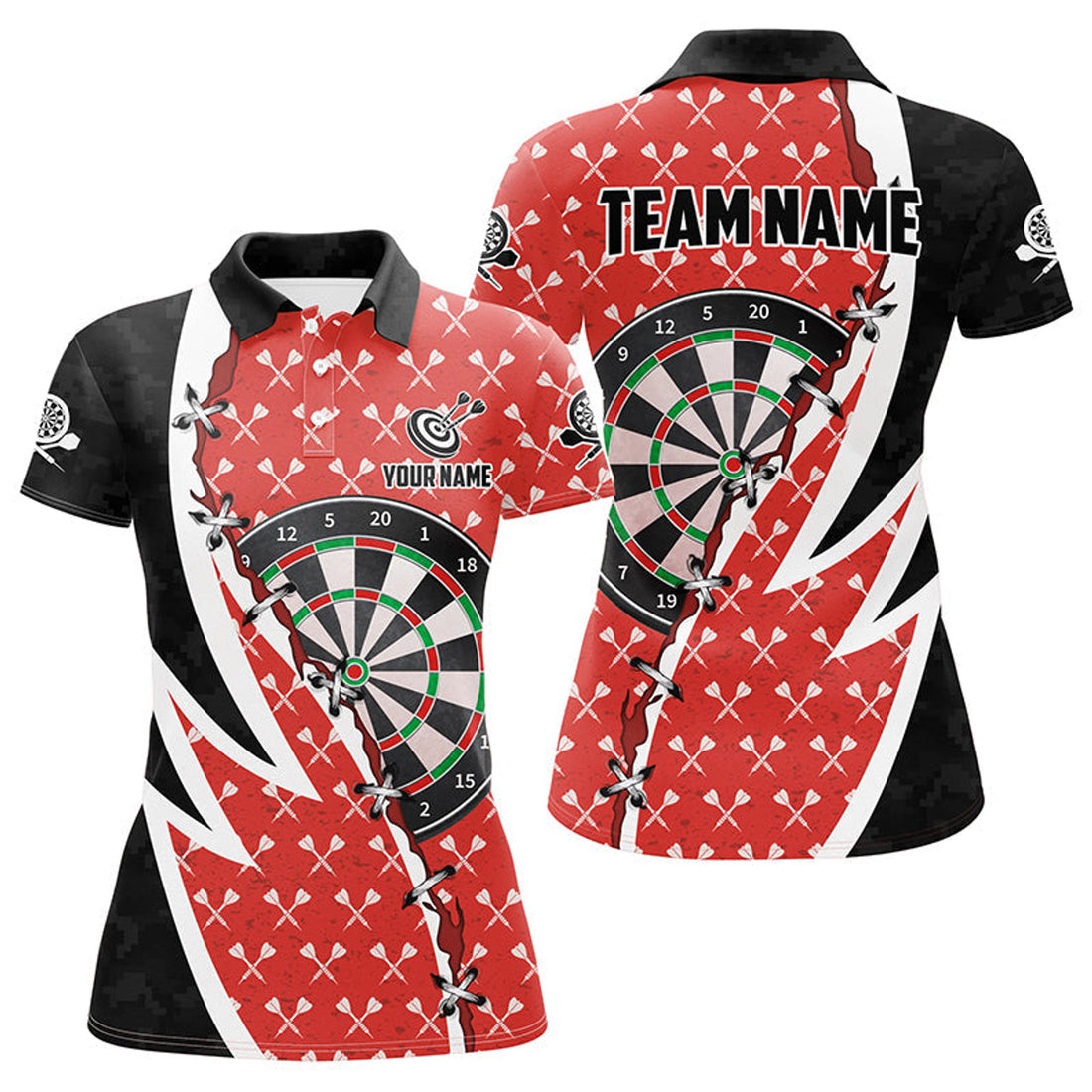 Custom Name Black Red Darts Board Shirt Team Attire Women's Polo Shirts S-5XL