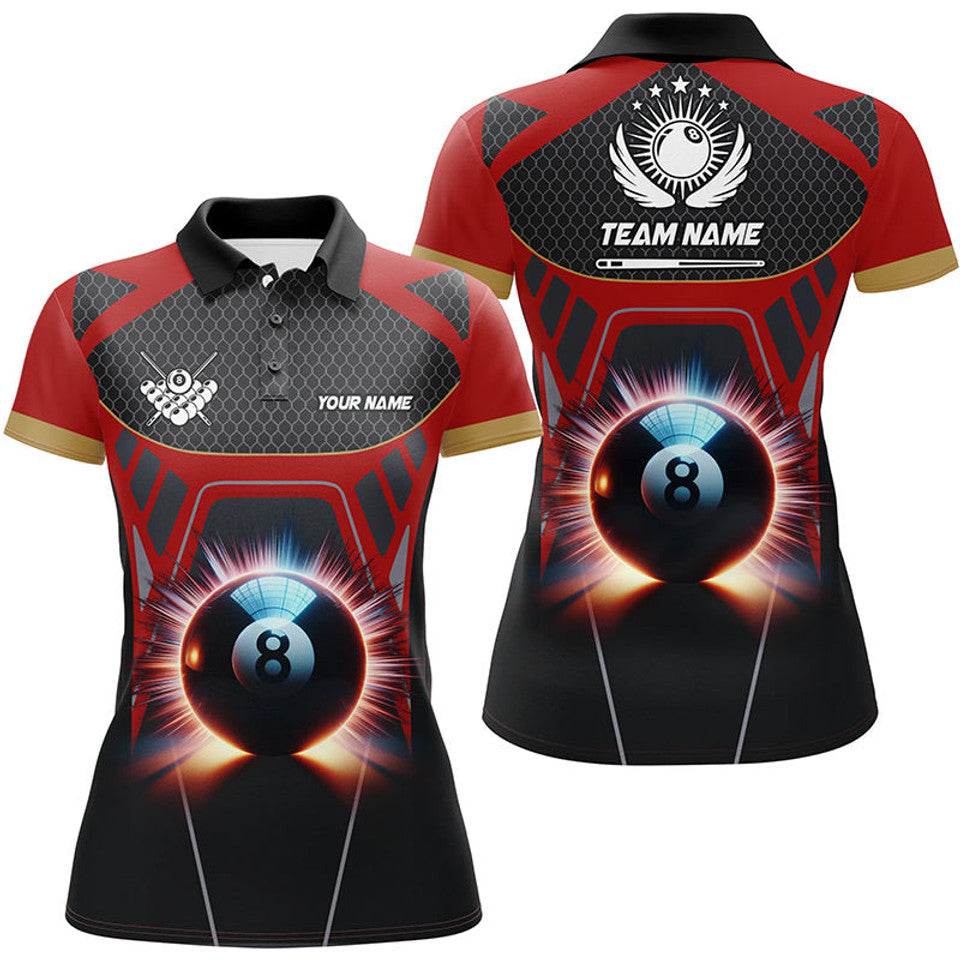 Custom Name Glowing 8 Ball Billiards Red Sport Design Women's Polo Shirts S-5XL
