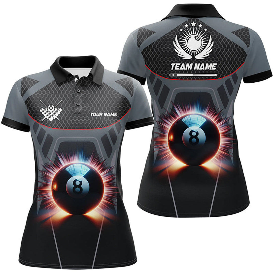 Custom Glowing 8 Ball Pool Billiard Sport Grey Design Women's Polo Shirts S-5XL