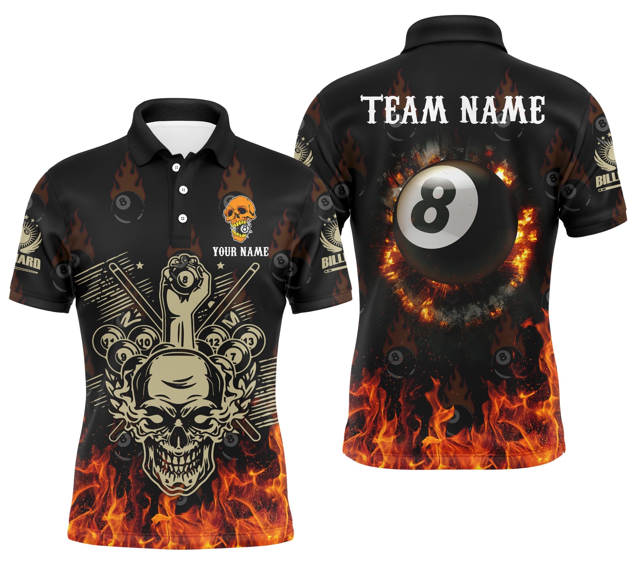 Personalized Billiard Skull 8 Ball Pool Fire Custom Shirt for Men Men's Polo Shirt