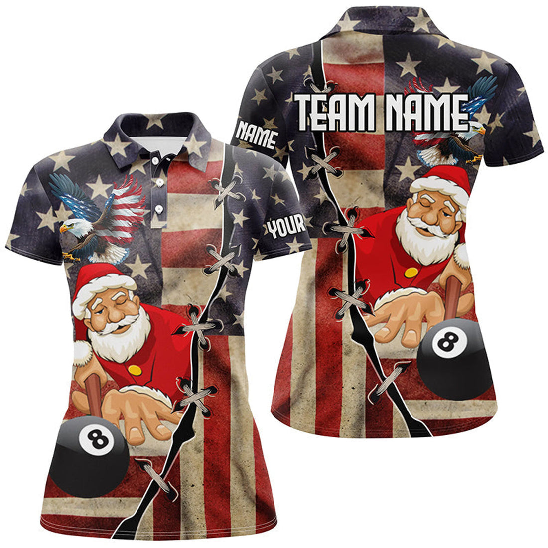 Custom Funny Christmas Santa Billiard US Flag Patriotic Women's Polo Shirts S-5XL