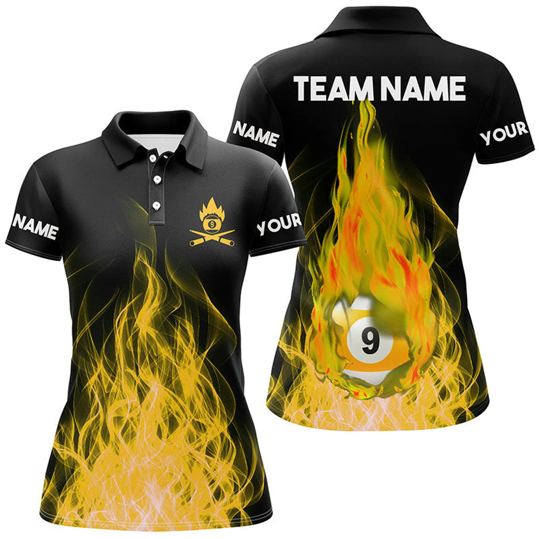 Custom Name Yellow Flaming Billiard 9 Ball Pool Team Design Women's Polo Shirts S-5XL