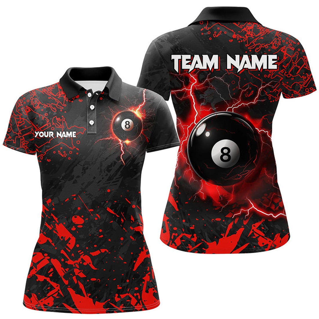 Custom Red Grunge 8 Ball Pool Thunder Lightning Women Polo Shirts S-5XL