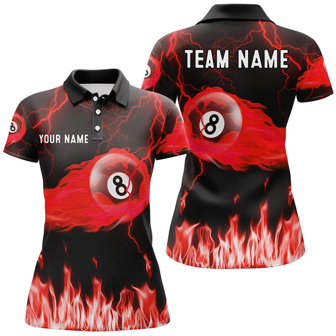 Custom Red 8 Ball Flame Lightning Billiard Pool Team Shirts Women's Polo Shirts S-5XL