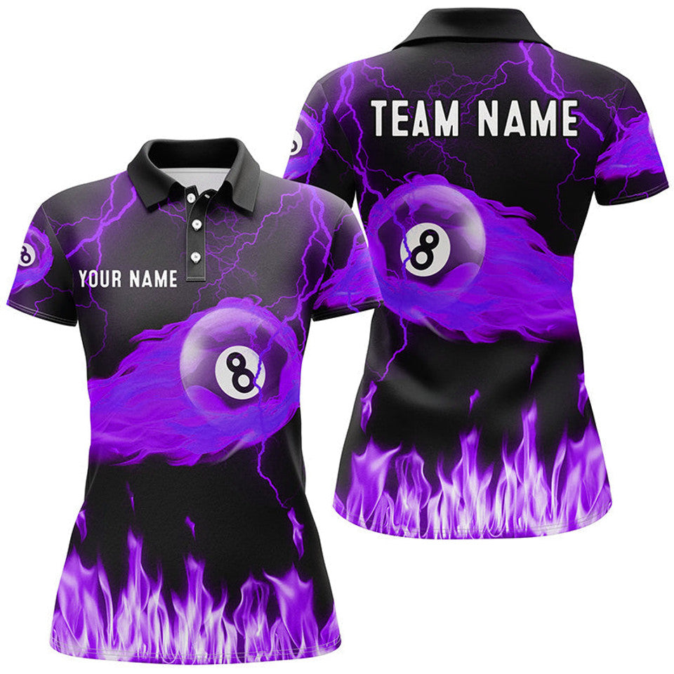 Custom Purple 8 Ball Flame Lightning Pool League Shirt Women's Polo Shirts S-5XL