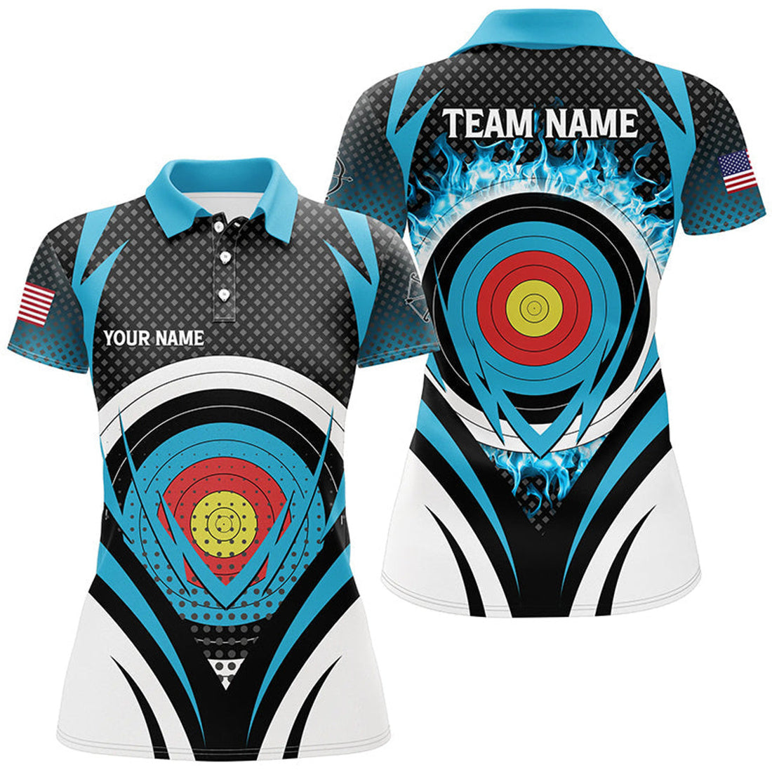 Custom Blue Flaming Archery Target Design Uniform Shirts Women's Polo Shirts S-5XL