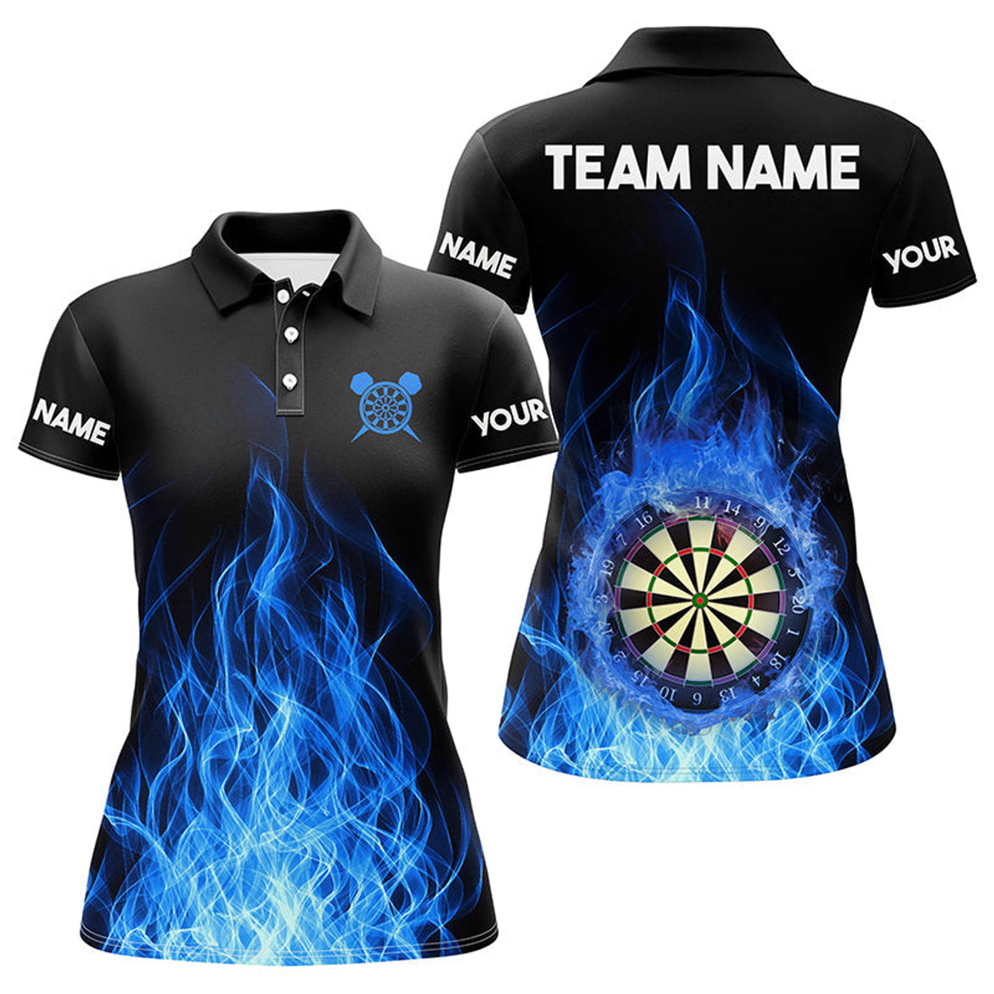 Custom Blue Fire Flame Dartboard for Team Darts 3D Women's Polo Shirts S-5XL