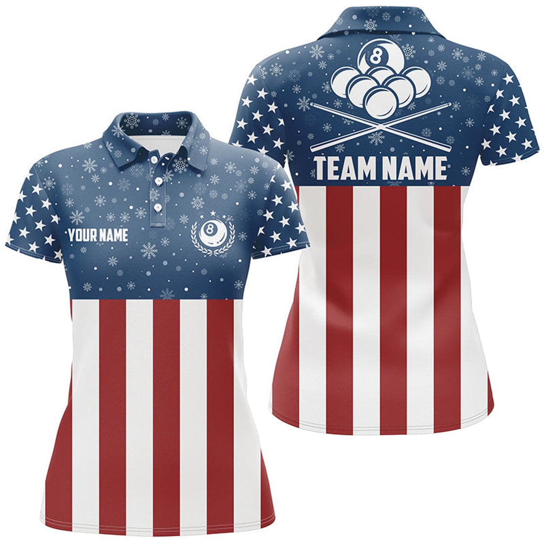 Custom US Flag Christmas Snowflakes Billiard Pattern Women's Polo Shirts S-5XL