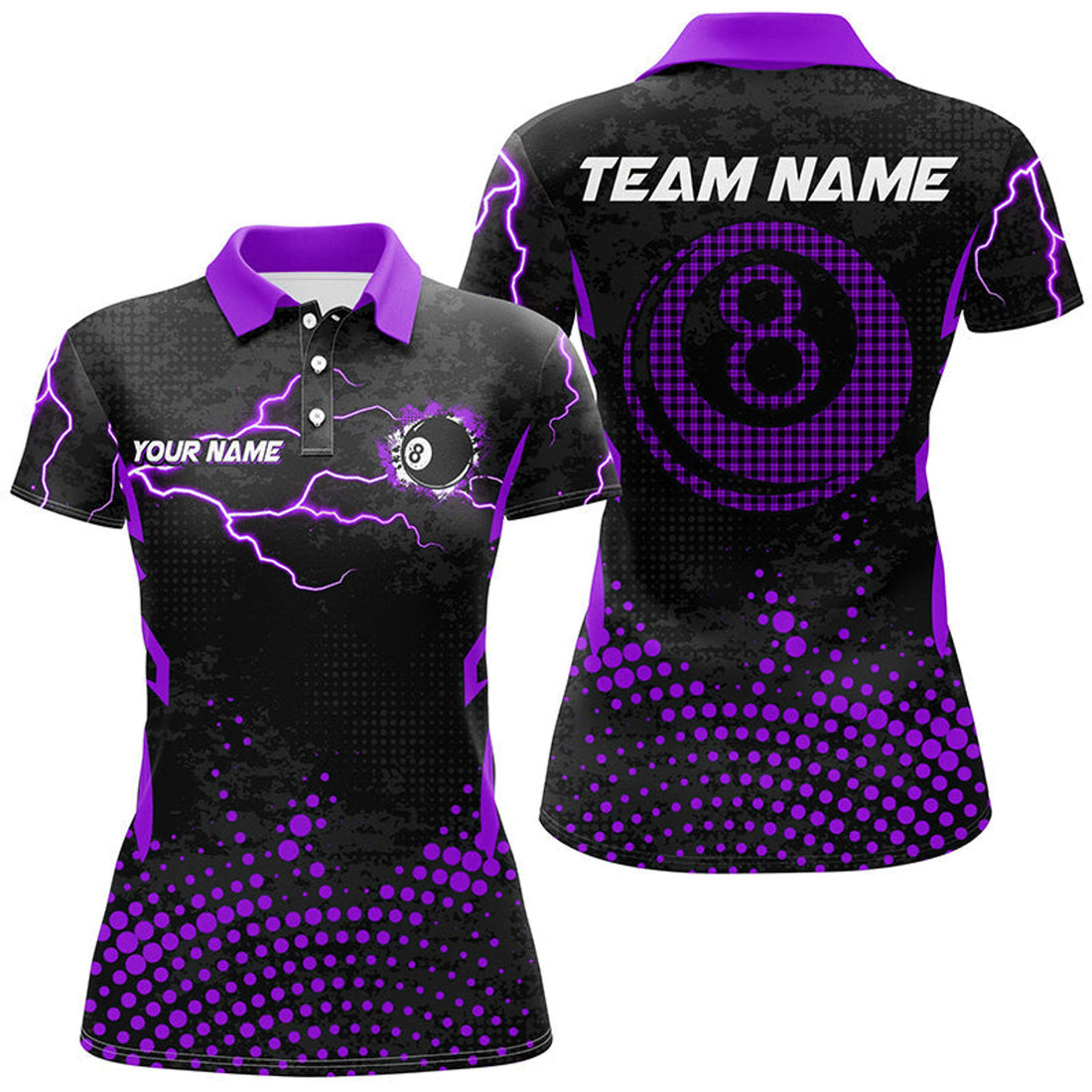 Custom Name Purple 8 Ball Point 3D Billiard Design Apparel Women's Polo Shirts S-5XL