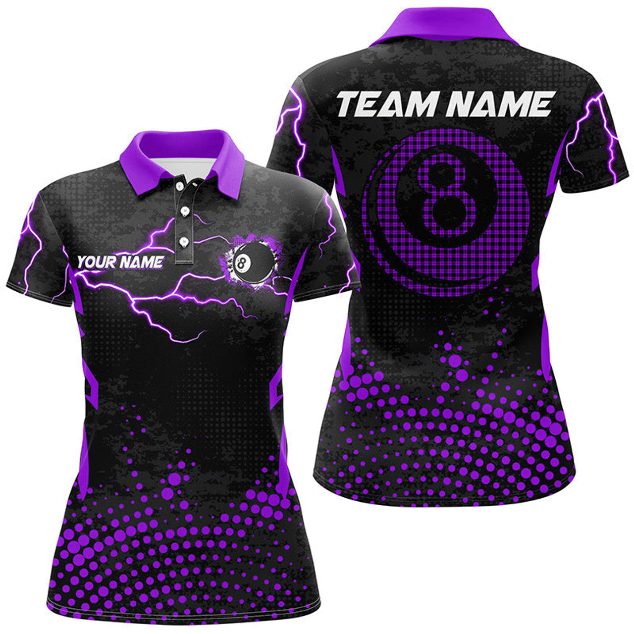 Custom Name Purple 8 Ball Point 3D Billiard Design Apparel Women's Polo Shirts S-5XL