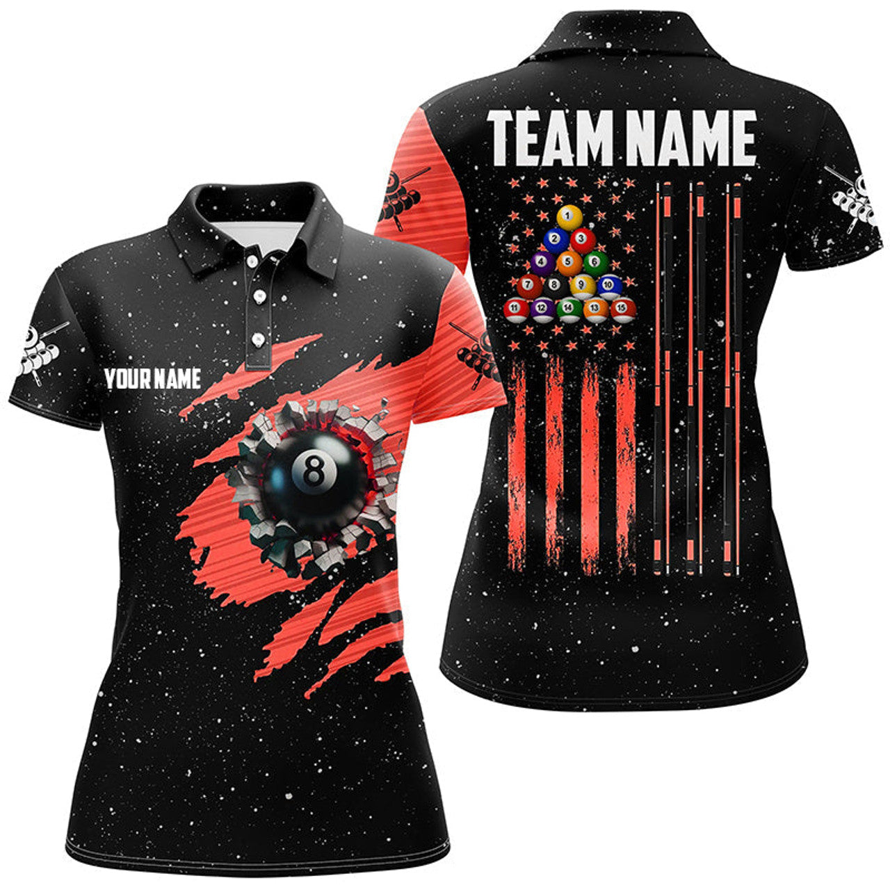 Customized Grunge American Flag 8 Ball Pool Women's Polo Shirts S-5XL