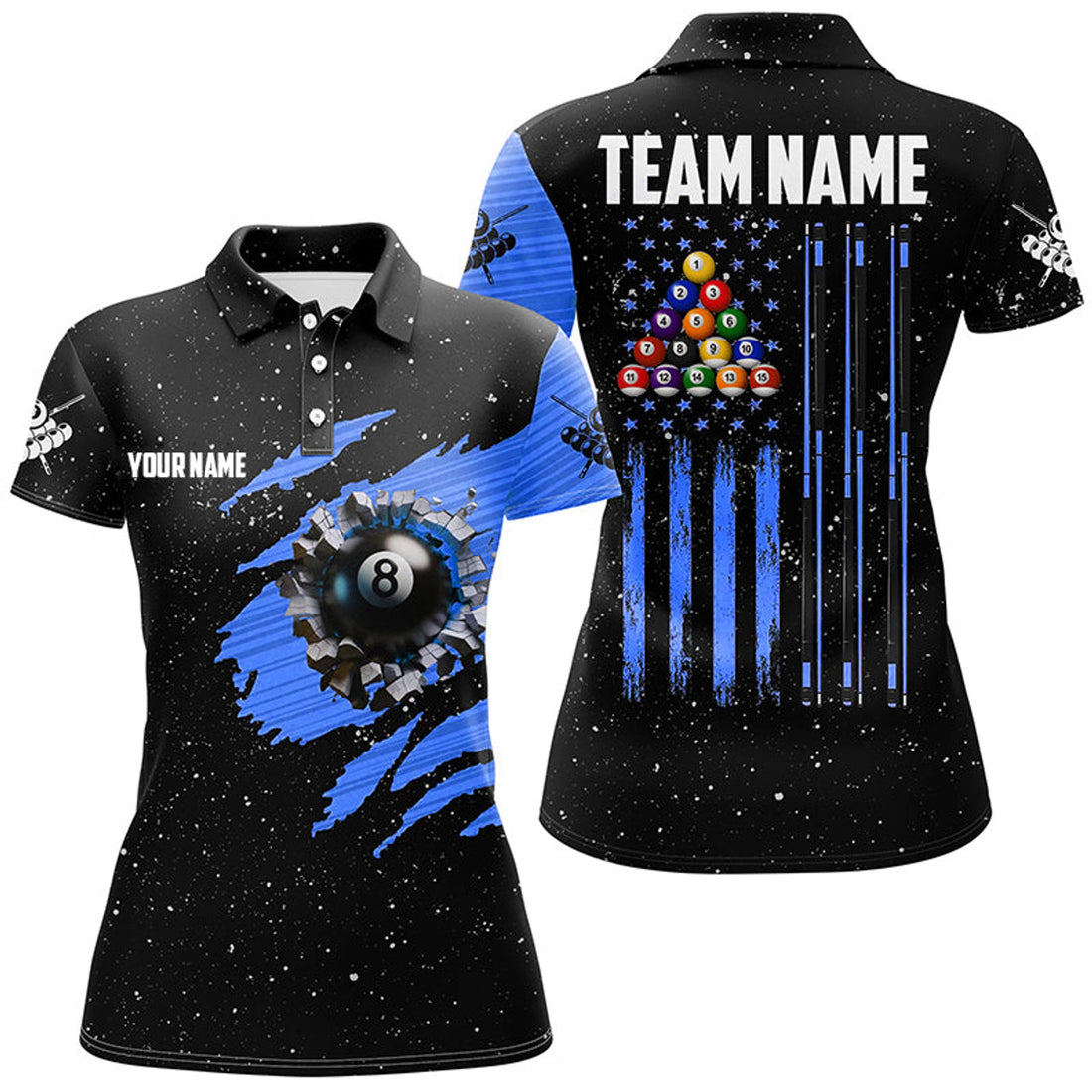 Customized Grunge American Flag 8 Ball Pool Billiard Women's Polo Shirts S-5XL