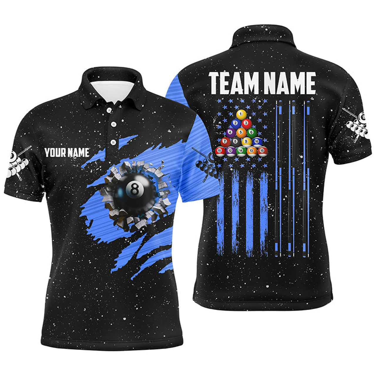 Customized Grunge American Flag 8 Ball Pool Billiard Men's Polo Shirt S-5XL