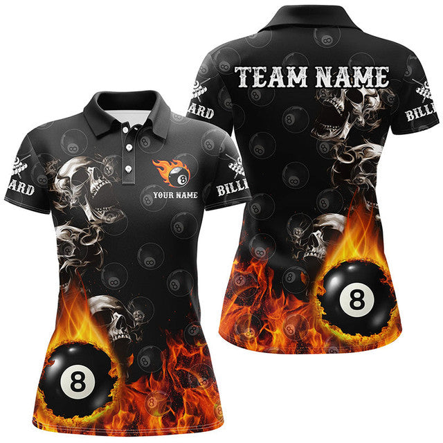 Custom Personalized 8 Ball Pool Skull Fire Billiard Shirts Women's Polo Shirts S-5XL