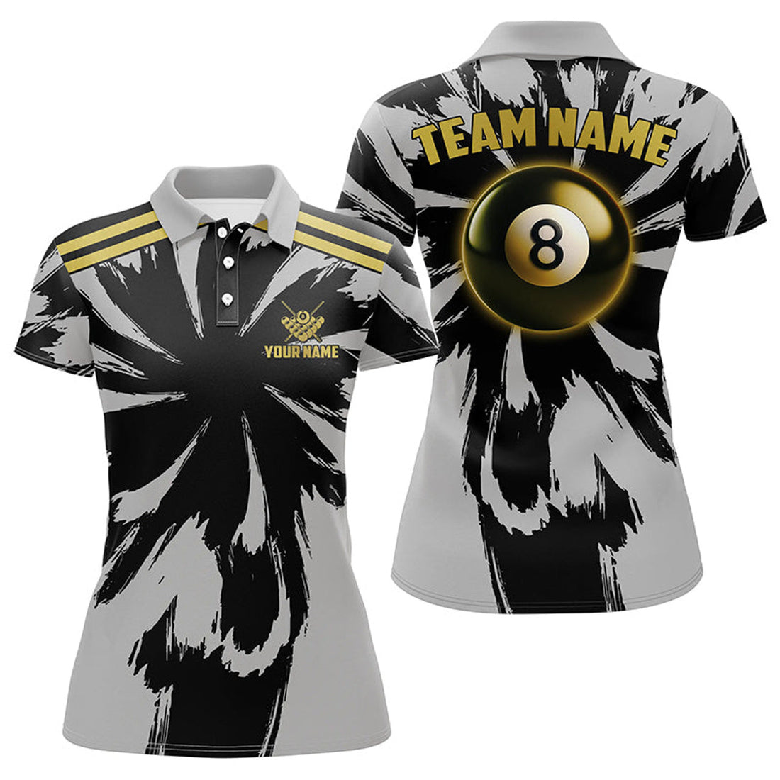 Custom Name Funny Grey Storm 8 Ball Billiard Design Women's Polo Shirts S-5XL