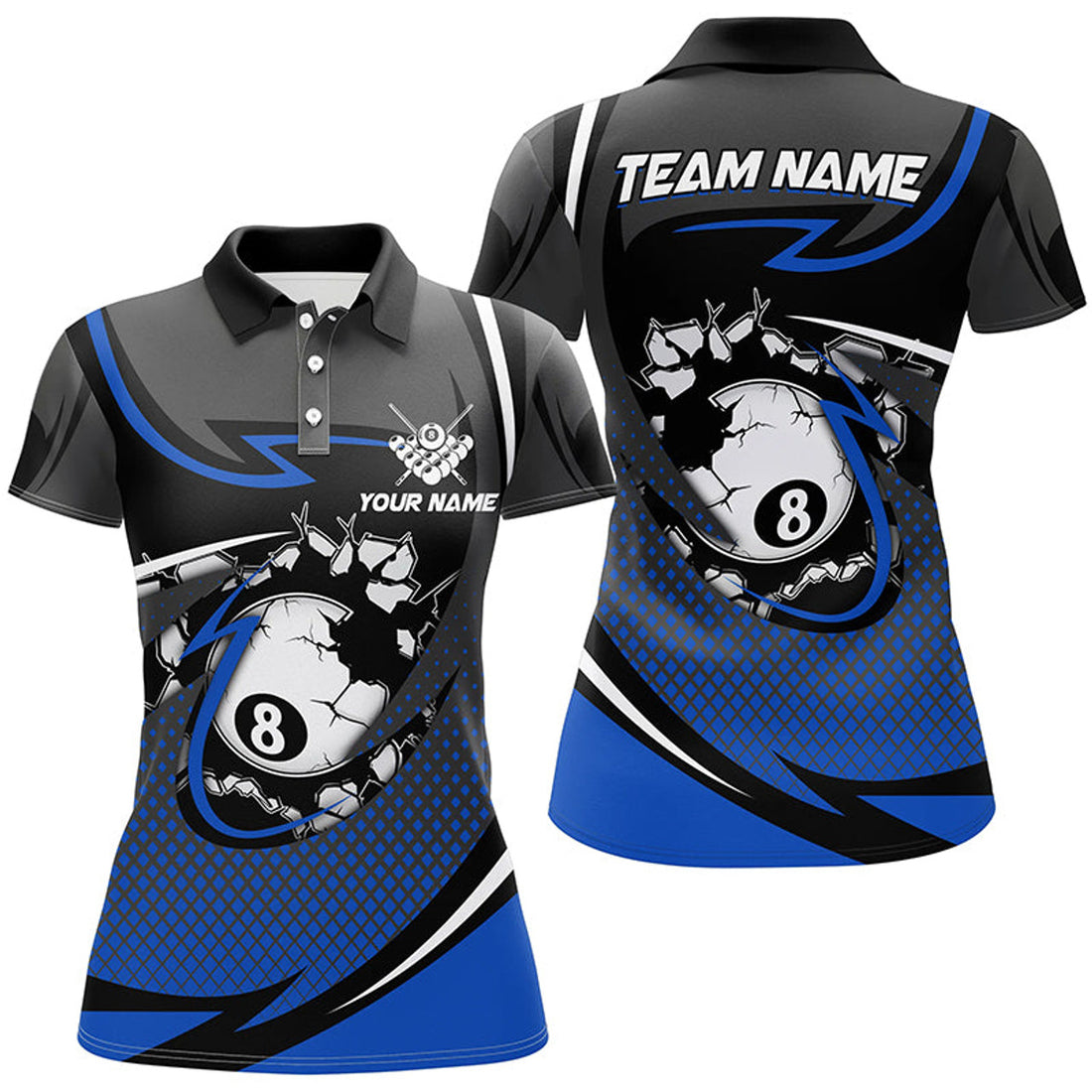 Custom Funny 8 Ball Pool Blue Billiard for Team League Women Polo Shirts S-5XL